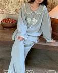 Double Gauze Cotton Pyjamas Set with Embroidered Flowers