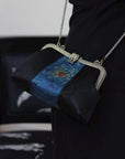 Premium Pure Silk Evening Clutch Bag in Blue and Black|Handmade Oriental Heritage Handbag with Vintage Brass Frame| Shoulder Crossbody Purse