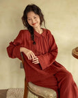 Muted Red Gauze Cotton Pajamas: Two Collars Type | 2025 Christmas Pyjamas | Gift-Ready Organic Loungewear Set