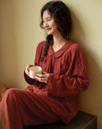 Muted Red Gauze Cotton Pajamas: Two Collars Type | 2025 Christmas Pyjamas | Gift-Ready Organic Loungewear Set