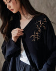 Kimono Style Cotton Loungewear Set – Bamboo Embroidered Gauze Pajamas for Women, Soft 2-Piece Sleepwear, Zen Pyjamas, Meditation Outfit