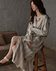 Neutral Long Robe Dress for Women | Soft Cotton Loungewear with Frayed Cuffs | Relaxed Homewear | Elegant Minimalist Gift