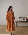 Women's Muslin Cotton Pajamas Dress – Orange Embroidered Loungewear, Button Front Sleep Dress, Relaxed Fit Nightgown, Maternity Dress