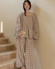 Bamboo Cotton Pajama Set for Women | Embroidered Loungewear | Soft Plaid Sleepwear with Pockets