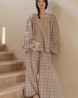 Bamboo Cotton Pajama Set for Women | Embroidered Loungewear | Soft Plaid Sleepwear with Pockets
