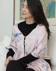 Reversible Mulberry Silk Scarf with Qipao Buttons – Double-Sided 6A Silk Wrap | Floral Bird Design Oriental Silk Shawl Hanfu Accessories