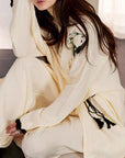 Kimono Style Cotton Loungewear Set – Bamboo Embroidered Gauze Pajamas for Women, Soft 2-Piece Sleepwear, Relaxed Fit Pyjamas, Gift for Her