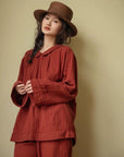 Muted Red Gauze Cotton Pajamas: Two Collars Type | 2025 Christmas Pyjamas | Gift-Ready Organic Loungewear Set