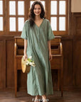 Bamboo Cotton Loungewear Dress: Sage Green Sleep Shirt with Pockets