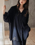 Kimono Style Cotton Loungewear Set – Bamboo Embroidered Gauze Pajamas for Women, Soft 2-Piece Sleepwear, Zen Pyjamas, Meditation Outfit