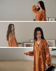 Women's Muslin Cotton Pajamas Dress – Orange Embroidered Loungewear, Button Front Sleep Dress, Relaxed Fit Nightgown, Maternity Dress