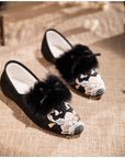 Embroidered Fur Mule Slippers for Women – Oriental Winter House Shoes, Warm Indoor Slippers, Soft Cotton Loafers, Gift for Her