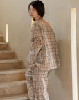 Bamboo Cotton Pajama Set for Women | Embroidered Loungewear | Soft Plaid Sleepwear with Pockets