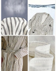 Striped Waffle Cotton Robe with Embroidered Kitten | Women’s Long Dressing Gown | Breathable Loungewear Gift for Her