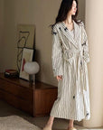 Striped Waffle Cotton Robe with Embroidered Kitten | Women’s Long Dressing Gown | Breathable Loungewear Gift for Her