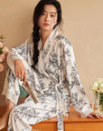 Luxury Oriental Style Silky Pajamas for Summer – Elegant Floral Loungewear with Lace Trim – Women Loungewear | Silk Kimono Robe