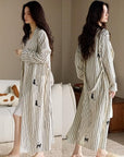 Striped Waffle Cotton Robe with Embroidered Kitten | Women’s Long Dressing Gown | Breathable Loungewear Gift for Her