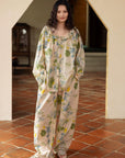 Bamboo Cotton Pajama Set | Green Tone Watercolour Floral Nightdress | Ruffle Collar Button Front | Oversized Style Loungewear