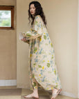 Bamboo Cotton Pajama Set | Green Tone Watercolour Floral Nightdress | Ruffle Collar Button Front | Oversized Style Loungewear