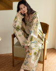 Bamboo Cotton Pajama Set | Green Tone Watercolour Floral Nightdress | Ruffle Collar Button Front | Oversized Style Loungewear