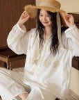 Embroidered Cotton Pajamas Set or Nightgown Dress, Slub Cotton Loungewear, Soft Breathable Loose Fit Sleepwear, Lounge to Street