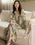 Bamboo Cotton Pajama Set | Green Tone Watercolour Floral Nightdress | Ruffle Collar Button Front | Oversized Style Loungewear
