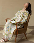 Bamboo Cotton Pajama Set | Green Tone Watercolour Floral Nightdress | Ruffle Collar Button Front | Oversized Style Loungewear