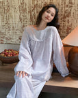 Light Lavender Gauze Cotton Pajama Set Women, Muslin Floral Sleepwear, Loose Fit Long Sleeve Lounge Set, Soft Breathable Nightwear