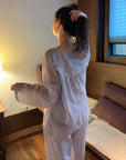 Light Lavender Gauze Cotton Pajama Set Women, Muslin Floral Sleepwear, Loose Fit Long Sleeve Lounge Set, Soft Breathable Nightwear