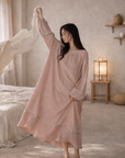 Lian Loungewear gauze cotton pajamas and soft breathable maxi dress, featuring lightweight, comfortable fabric and relaxed fit.