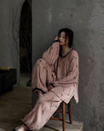 Pink gauze cotton pajama set for women by Lian Loungewear, featuring a relaxed fit and soft, breathable fabric.