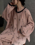 Pink gauze cotton pajama set for women by Lian Loungewear, featuring a comfortable, relaxed fit and soft fabric for cozy nights.
