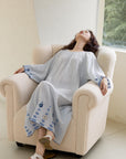 Baby blue gauze cotton dressing gown for women with 3/4 sleeves, loose fit nightwear from Lian Loungewear.