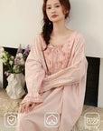Lian Loungewear bamboo cotton embroidered pajama dress with floral embroidery and relaxed fit, soft and comfortable for lounging.