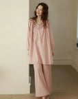 Lian Loungewear bamboo cotton pajama set with long and short pants, beige, soft, comfortable sleepwear for women.