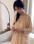 Lian Loungewear bamboo cotton pajama set with long and short pants, beige, soft and comfortable sleepwear for women.