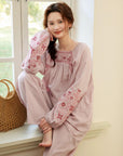 Pink bamboo slub cotton pajama dress by Lian Loungewear, lightweight and comfortable with a relaxed fit for lounging.