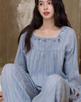 Embroidered cotton jacquard pajamas from Lian Loungewear featuring intricate embroidery and soft, comfortable fabric.