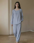 Lian Loungewear embroidered cotton jacquard pajamas set with floral patterns and relaxed fit for comfortable lounge wear