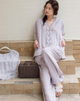 Lian Loungewear bamboo cotton women's loungewear set with embroidered top and long pants, breathable and comfortable pajamas.
