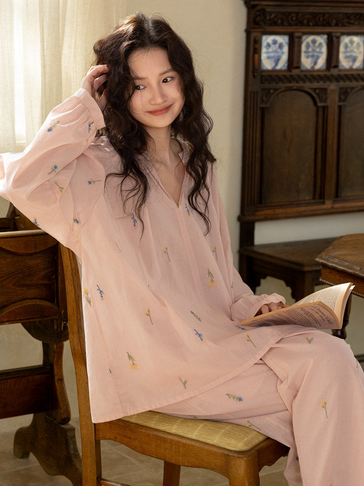 Embroidered Bamboo Cotton Loungewear Set – Wheat Apricot | Lian Collection
