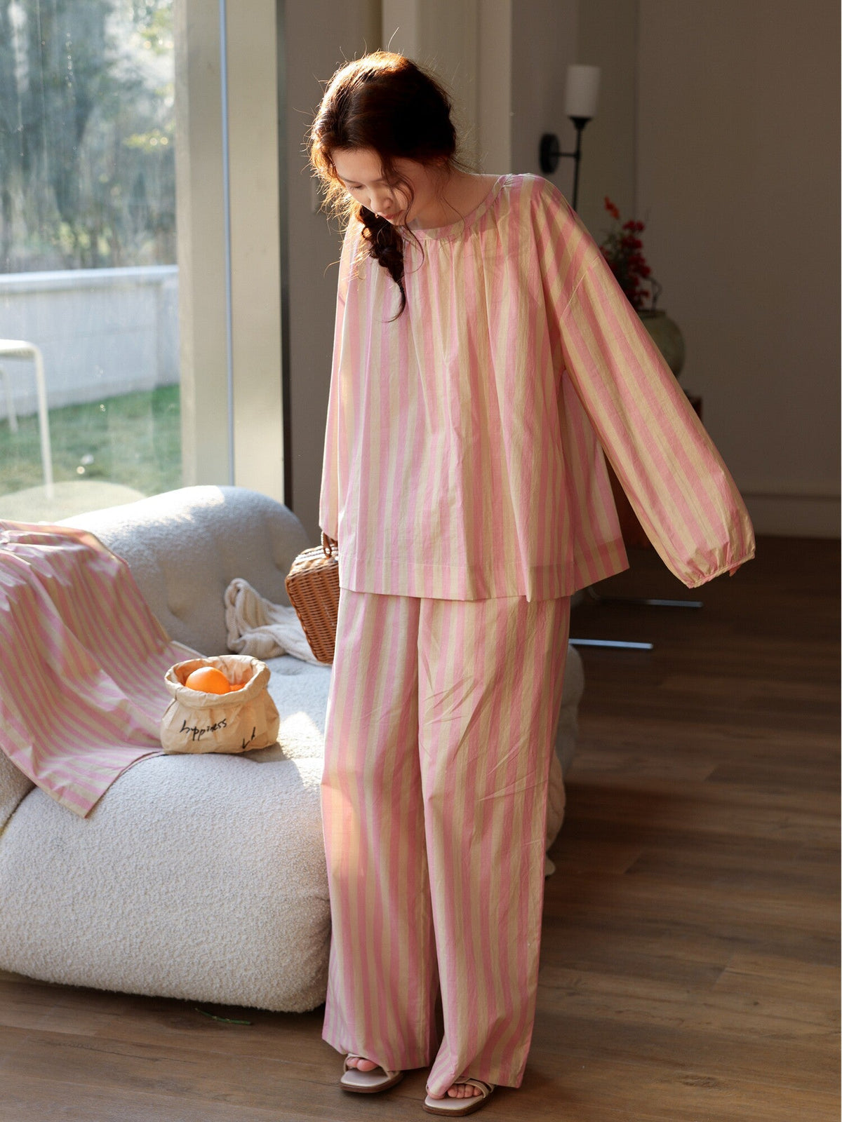 Long Sleeve Bamboo Cotton Pajama Set – Pink &amp; Yellow Stripe | Lian Collection