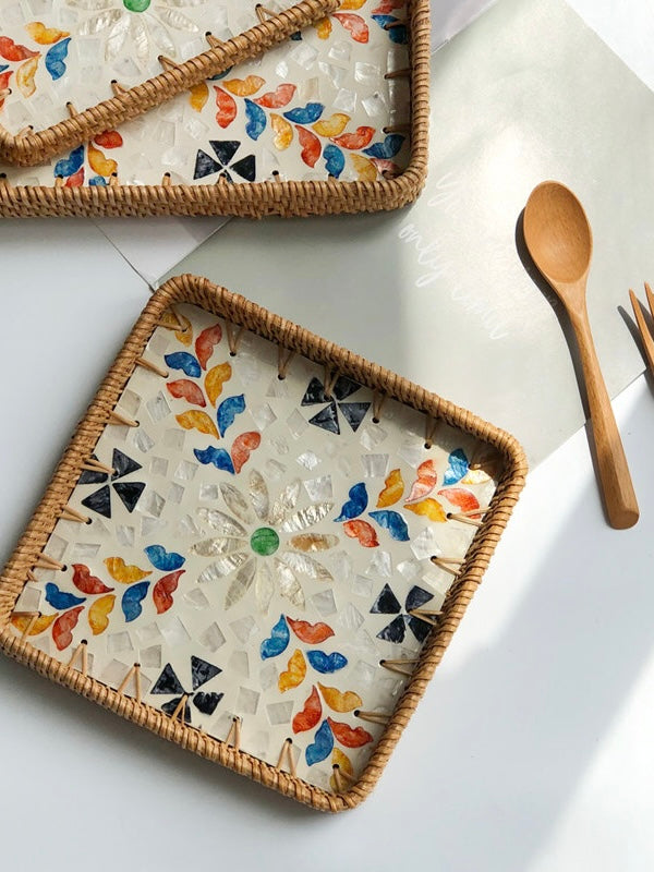 Handmade Rattan &amp; Mother‑of‑Pearl Tray Set – Nesting Serving Trays (3pcs) | Lian Collection