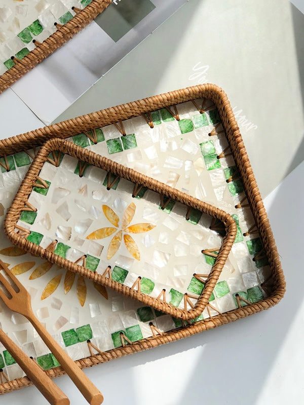 Handmade Rattan &amp; Mother‑of‑Pearl Tray Set – Nesting Serving Trays (3pcs) | Lian Collection