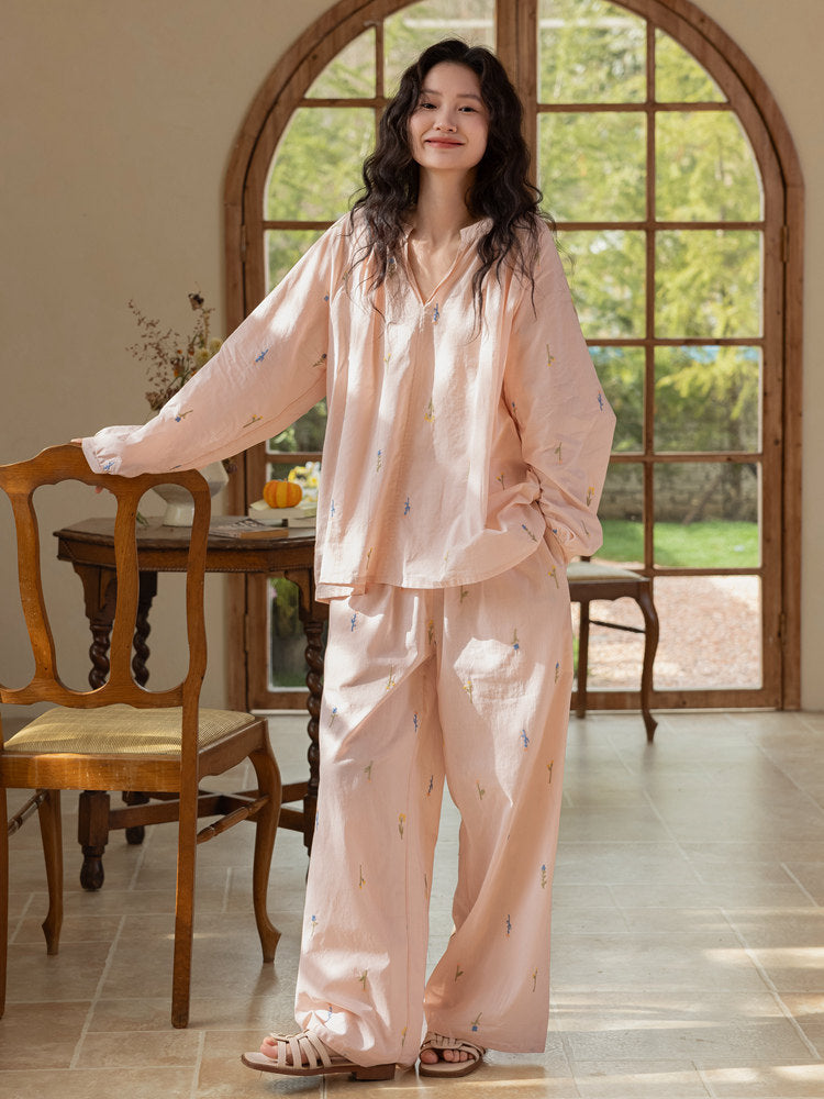 Embroidered Bamboo Cotton Loungewear Set – Wheat Apricot | Lian Collection