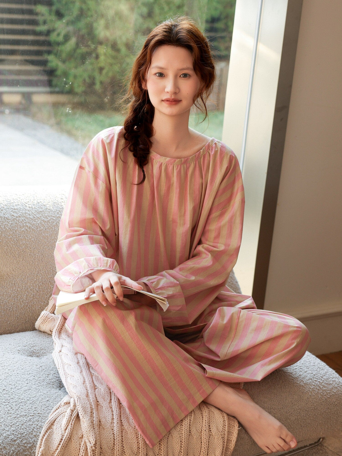 Long Sleeve Bamboo Cotton Pajama Set – Pink &amp; Yellow Stripe | Lian Collection