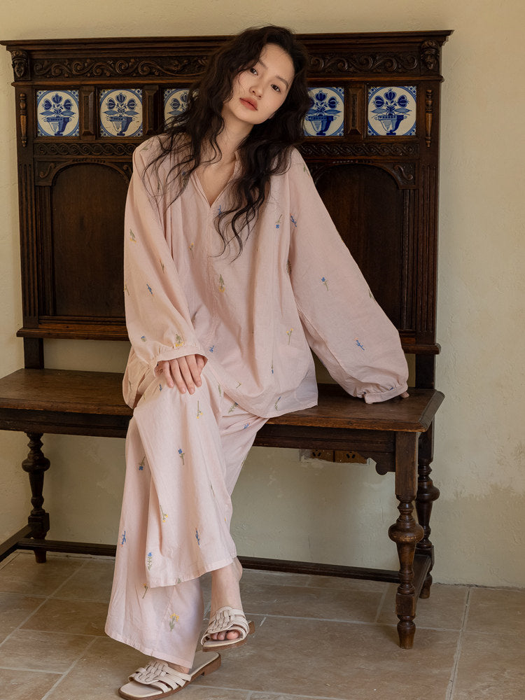 Embroidered Bamboo Cotton Loungewear Set – Wheat Apricot | Lian Collection