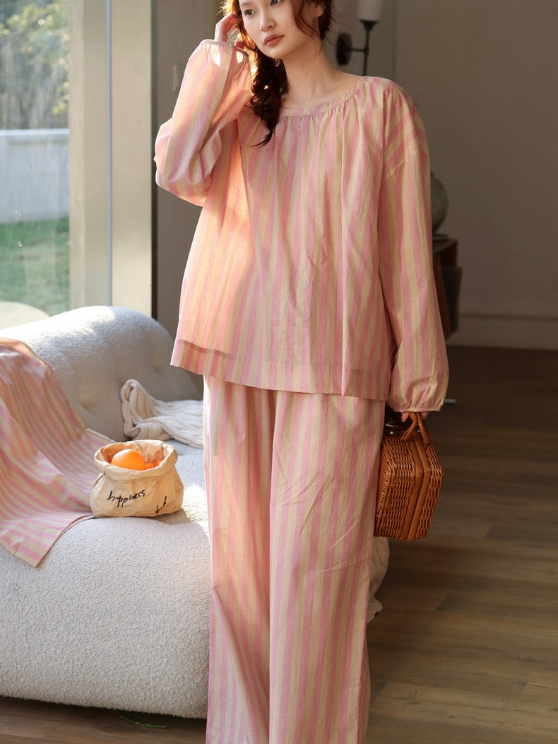 Long Sleeve Bamboo Cotton Pajama Set – Pink &amp; Yellow Stripe | Lian Collection