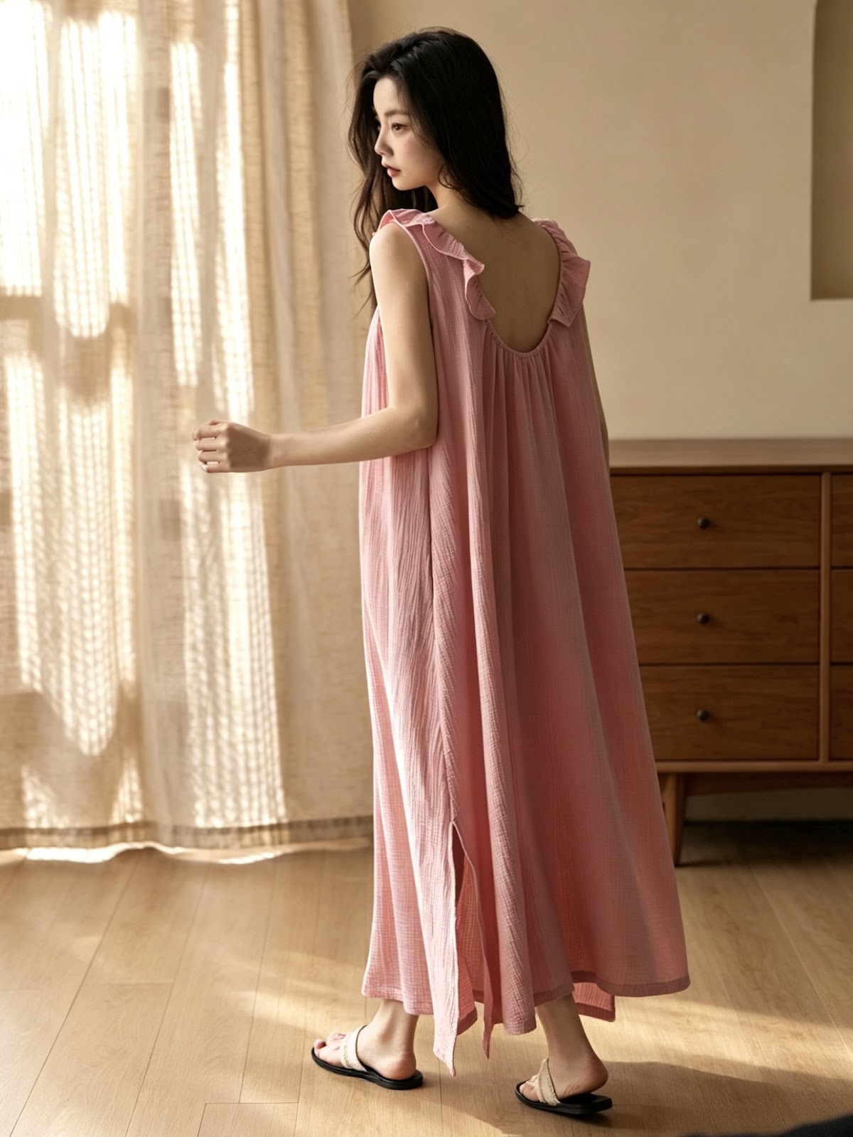 Cotton gauze slip dress side pocket detail