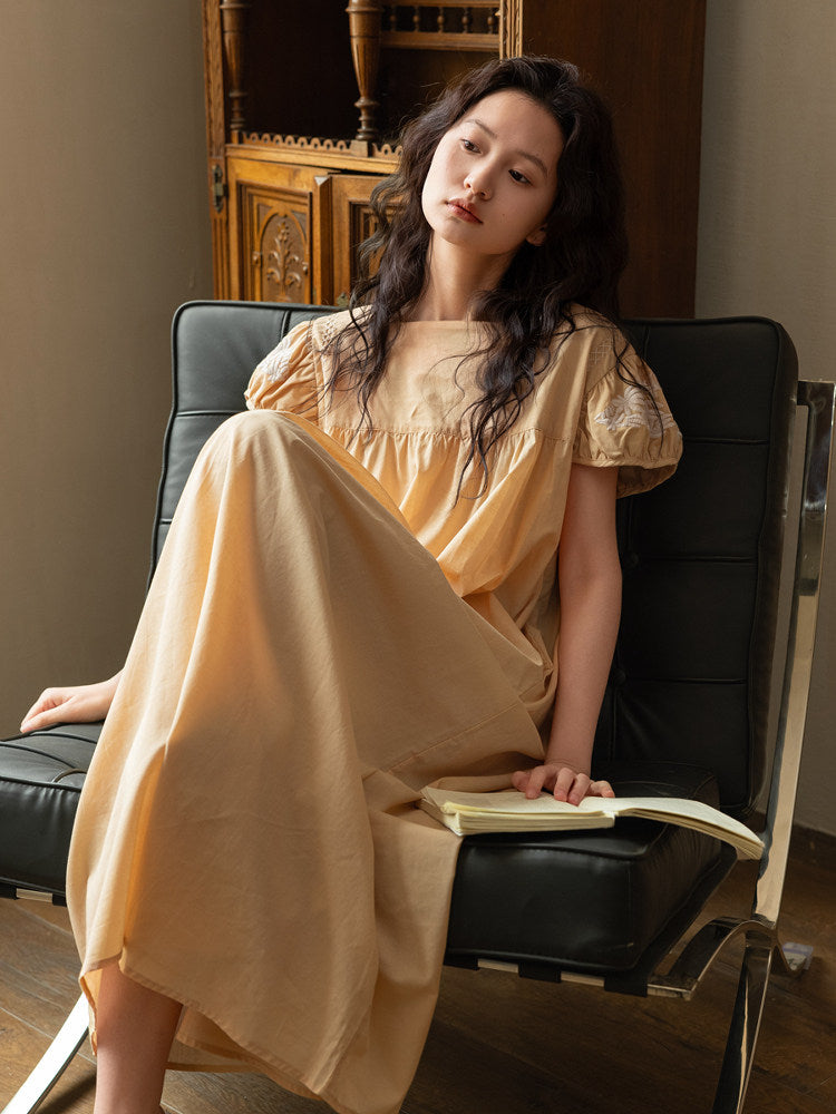 Puff-sleeve embroidered cotton maxi nightdress